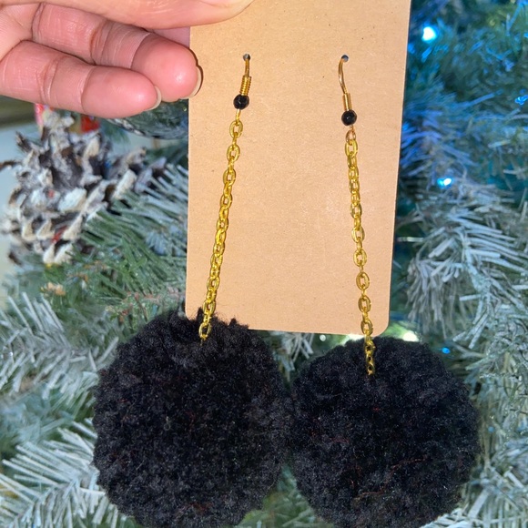 Black Large Pom Pom Earrings - Picture 3 of 5